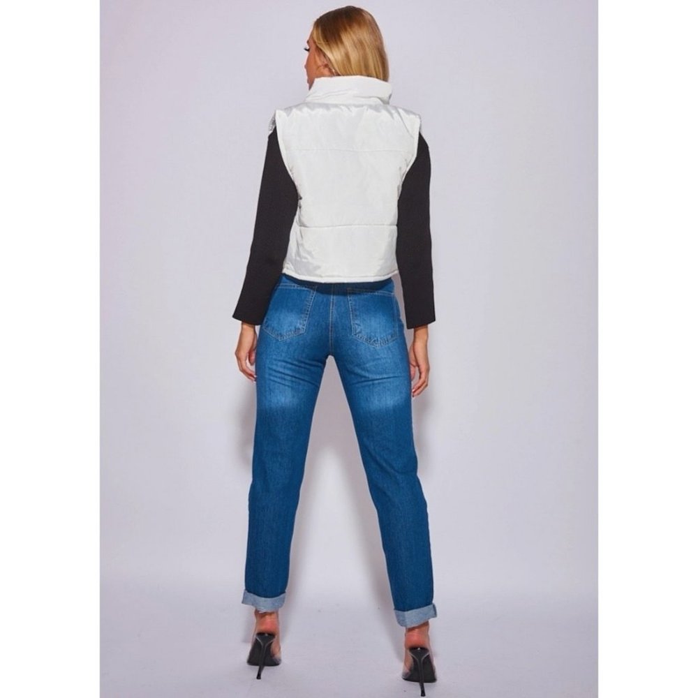 White Sleeveless Cropped Padded Vest Jacket Gilet - Picture 6 of 13